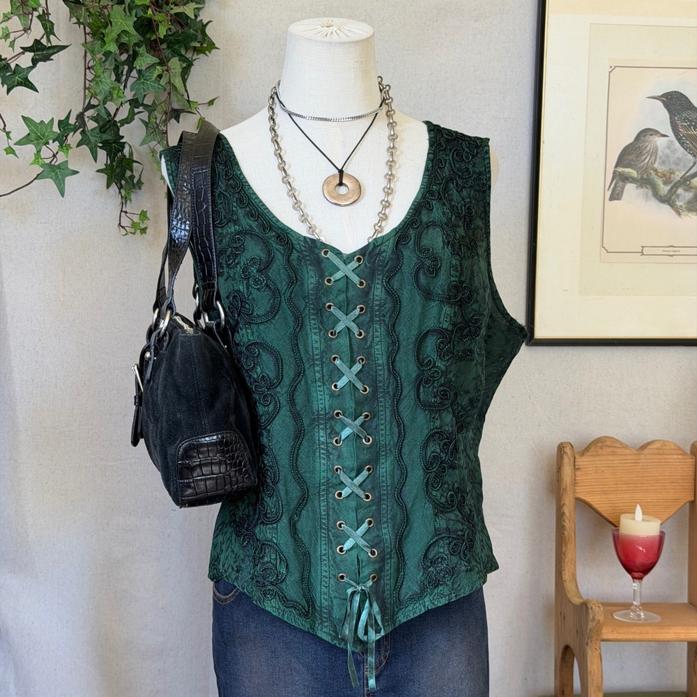 Green Embroidered Lace-Up Vest Top Whimsygoth Dark Romantic XL Ren Faire Witchy